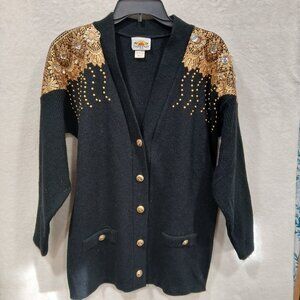 VTG 90s SunflowerUSA Black Cardigan Gold Embellish Glam Rock One Size Rhinestone